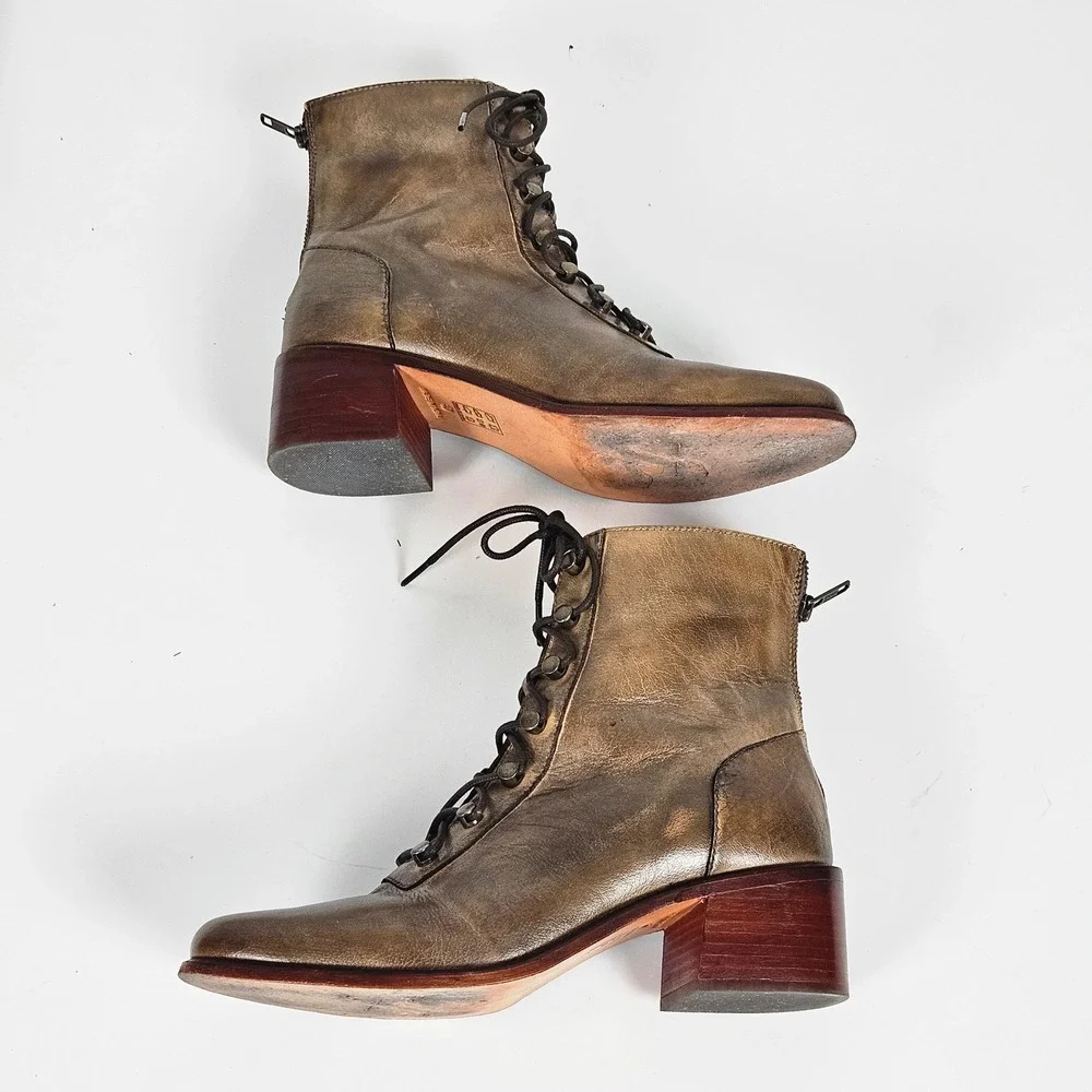 Free People Eberly Victorian Lace-Up Bronze Leather Ankle Boots Women Size 40